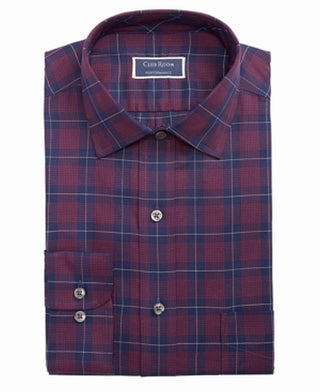 Club Room Men's Classic Regular Fit Stretch Twill Houndstooth Plaid Dress Shirt Red Size 15X32X33