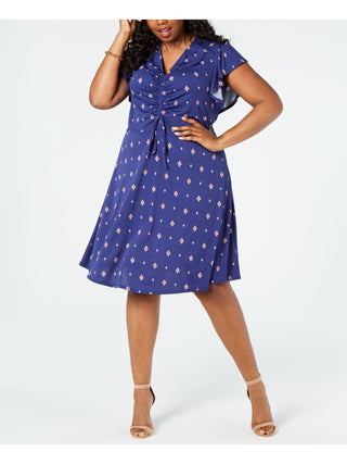 Vestido feminino Monteau estampado com decote em V abaixo do joelho, azul, tamanho 2X