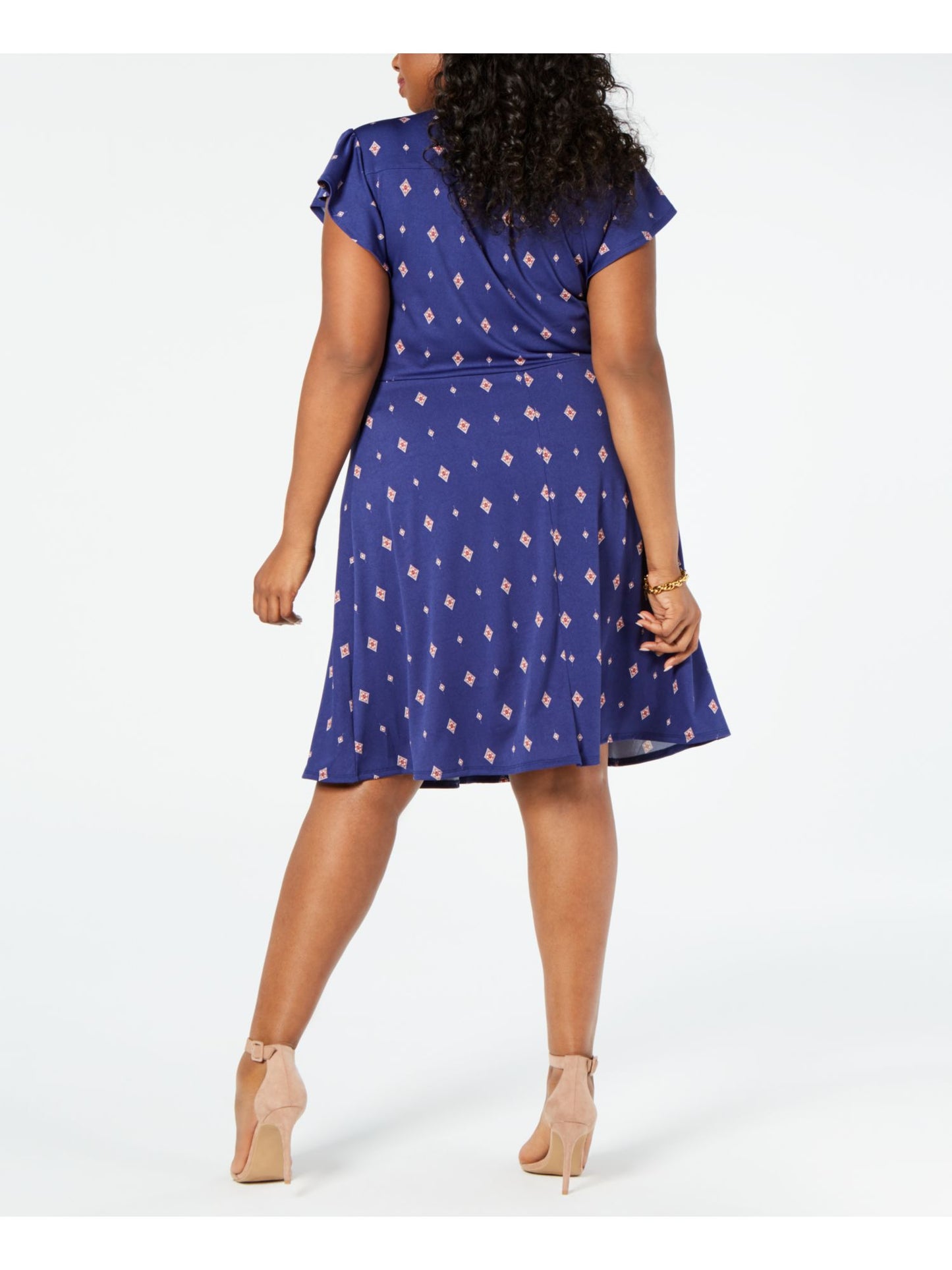 Vestido feminino Monteau estampado com decote em V abaixo do joelho, azul, tamanho 2X