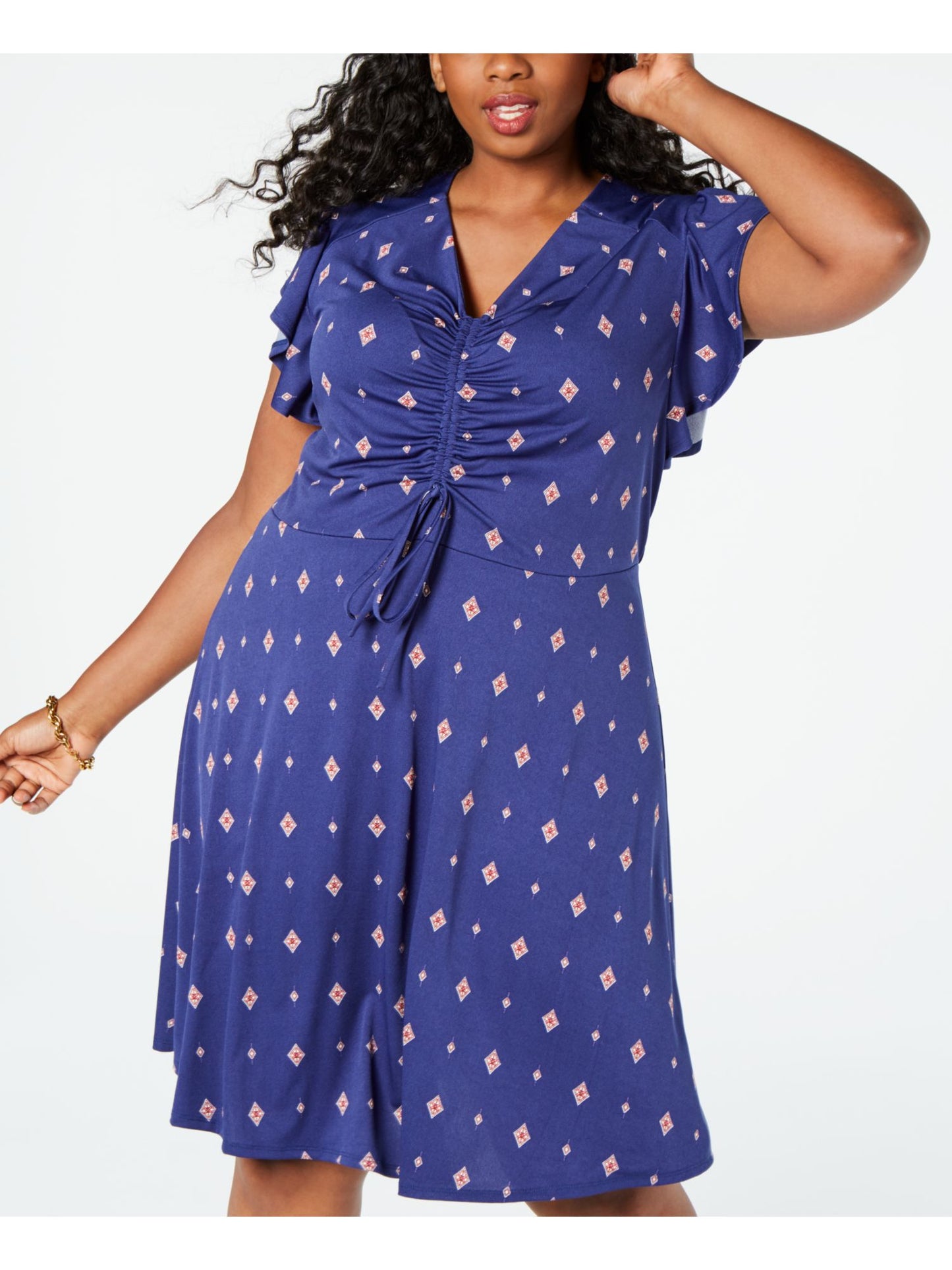 Vestido feminino Monteau estampado com decote em V abaixo do joelho, azul, tamanho 2X
