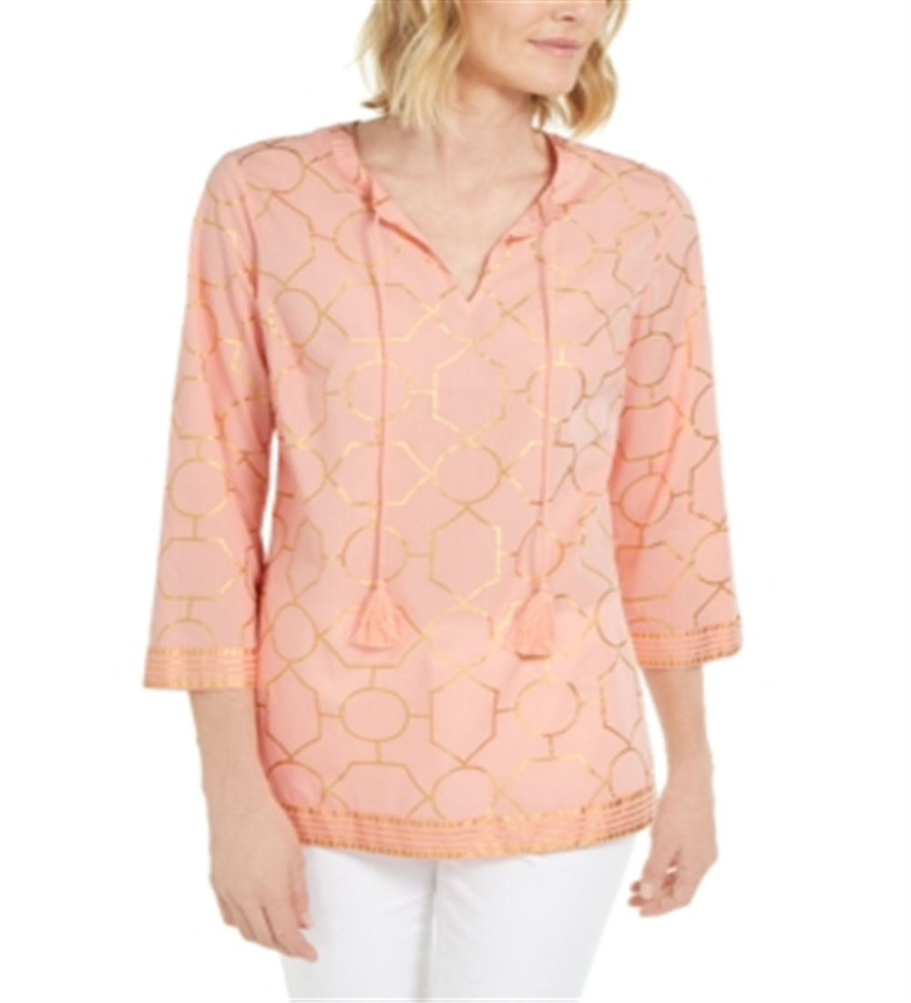 Blusa de linho com estampa de folha feminina Charter Club, laranja, tamanho X-S