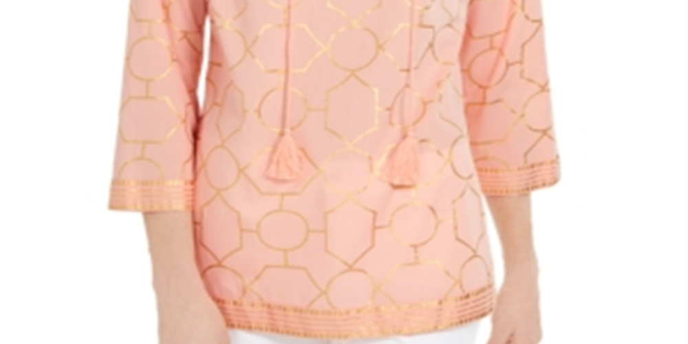 Blusa de linho com estampa de folha feminina Charter Club, laranja, tamanho X-S