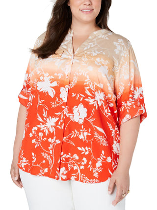 Blusa casual floral plus size Calvin Klein feminina com botões, vermelha, tamanho 1X
