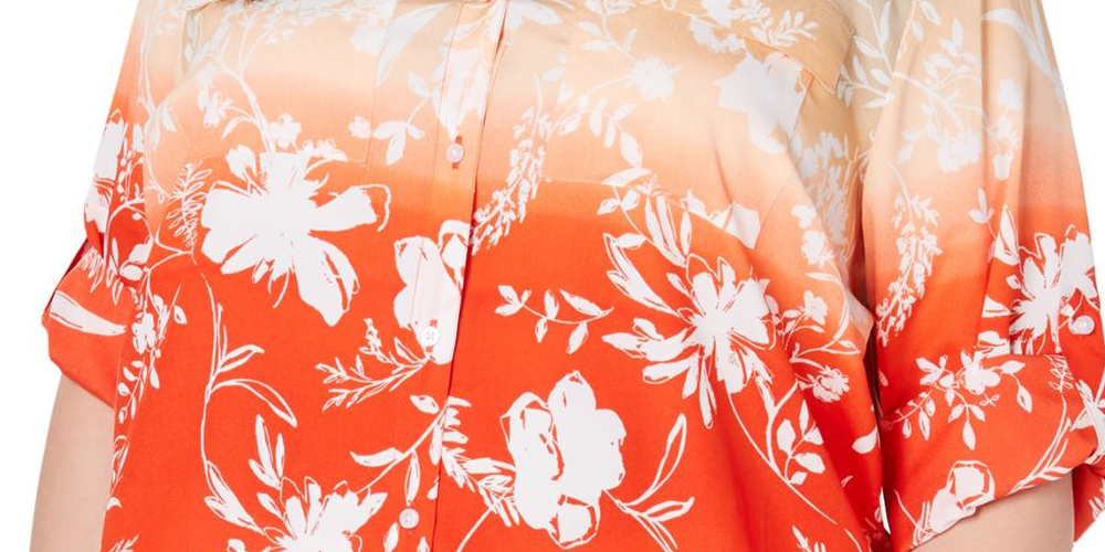 Blusa casual floral plus size Calvin Klein feminina com botões, vermelha, tamanho 1X