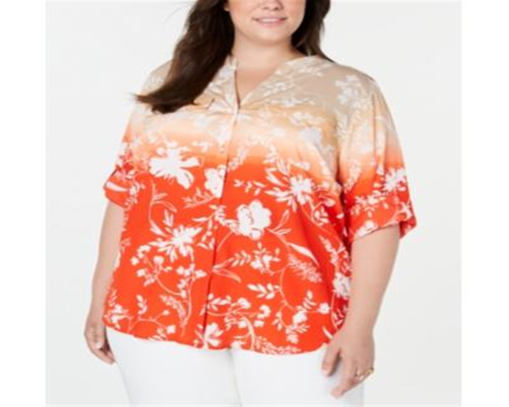 Blusa casual floral plus size Calvin Klein feminina com botões, vermelha, tamanho 1X