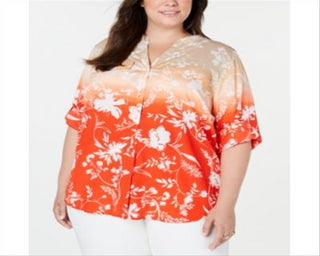 Blusa casual floral plus size Calvin Klein feminina com botões, vermelha, tamanho 1X
