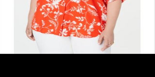 Blusa casual floral plus size Calvin Klein feminina com botões, vermelha, tamanho 1X