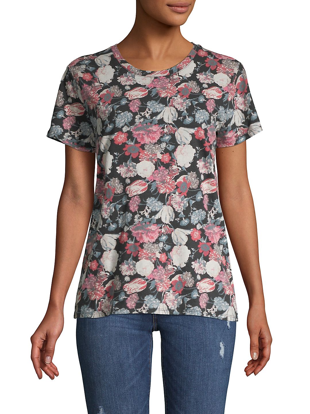 Camiseta feminina estampada de algodão Lucky Brand, preta, tamanho X-G