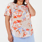 Blusa feminina Bar III com estampa floral, manga curta, gola redonda, laranja, tamanho 1X