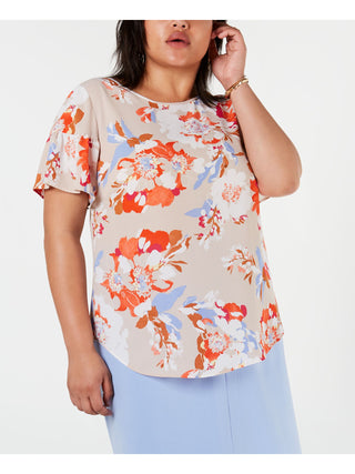 Blusa feminina Bar III com estampa floral, manga curta, gola redonda, laranja, tamanho 1X