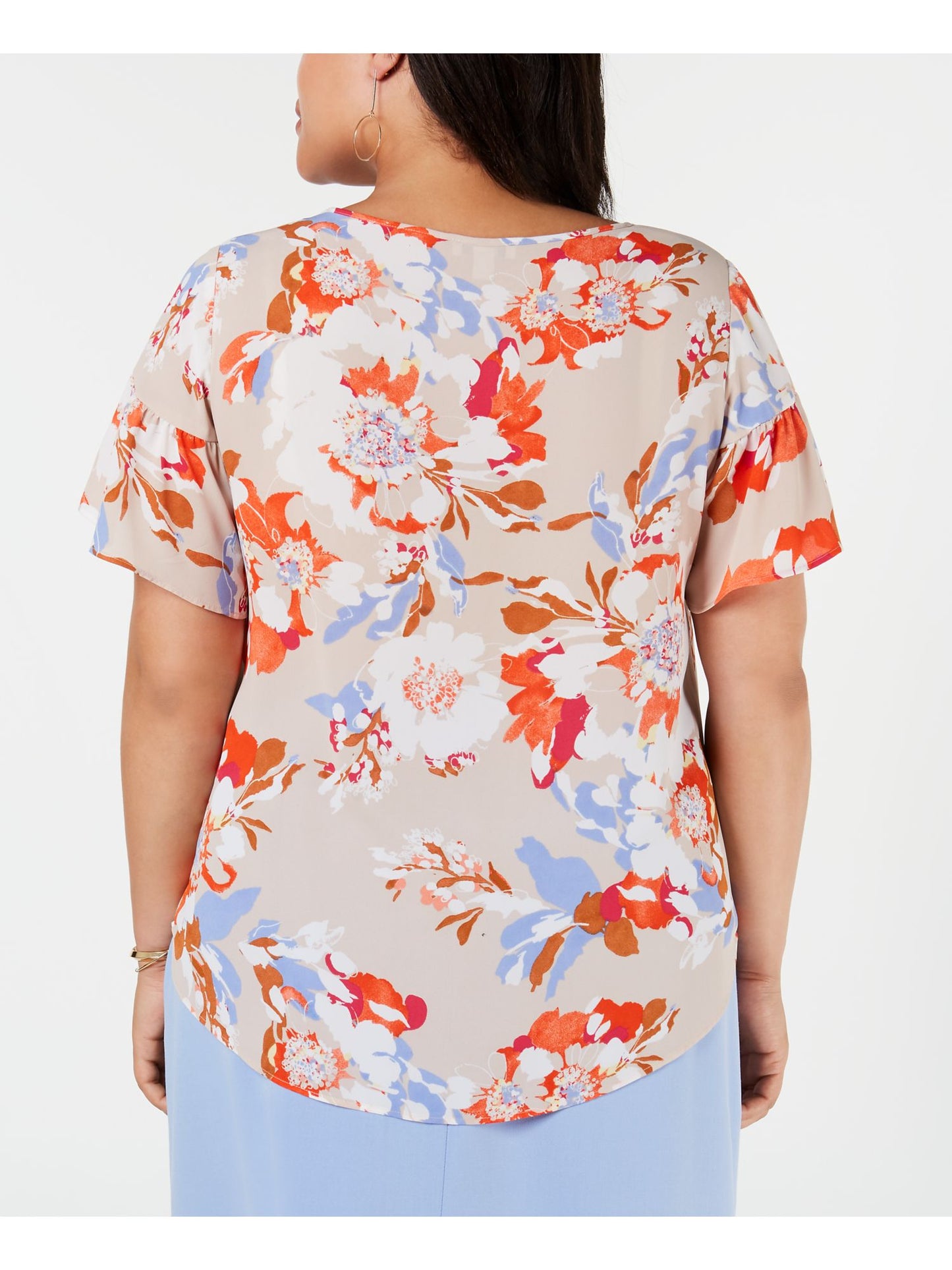 Blusa feminina Bar III com estampa floral, manga curta, gola redonda, laranja, tamanho 1X