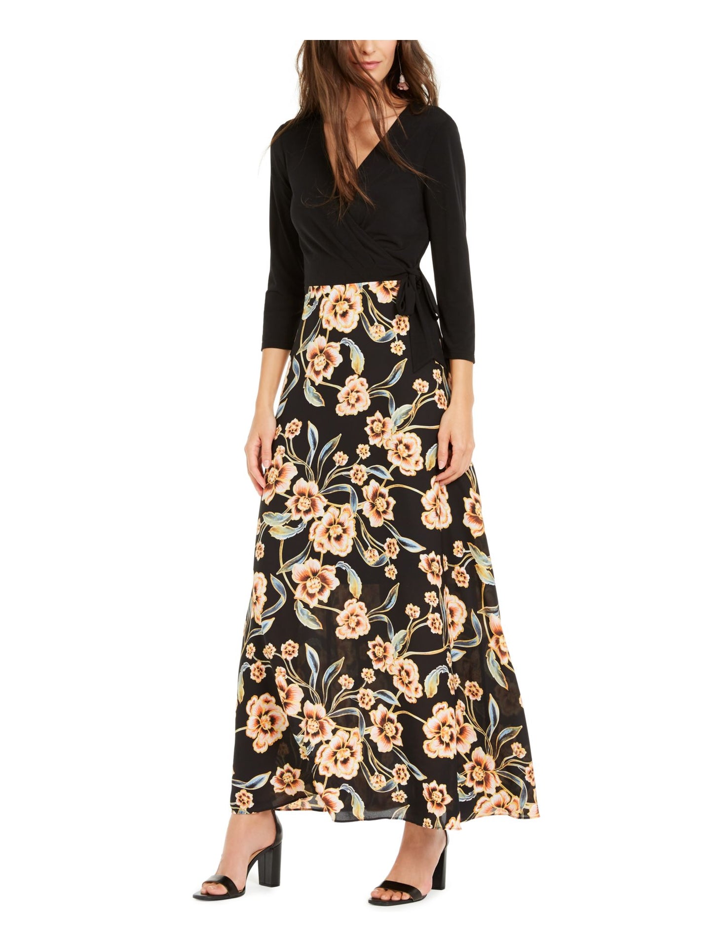 INC Vestido Feminino Floral Manga Longa Gola V Comprimento Total + Vestido Flare Preto Tamanho 4