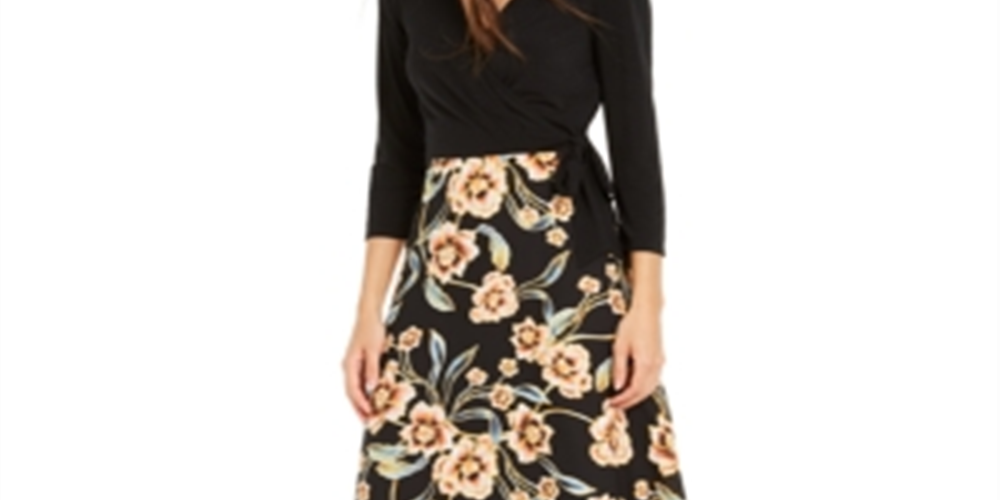 INC Vestido Feminino Floral Manga Longa Gola V Comprimento Total + Vestido Flare Preto Tamanho 4