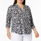 Camiseta feminina plus size estampada com manga 34 e estampa floral paisley preta profunda tamanho 3X