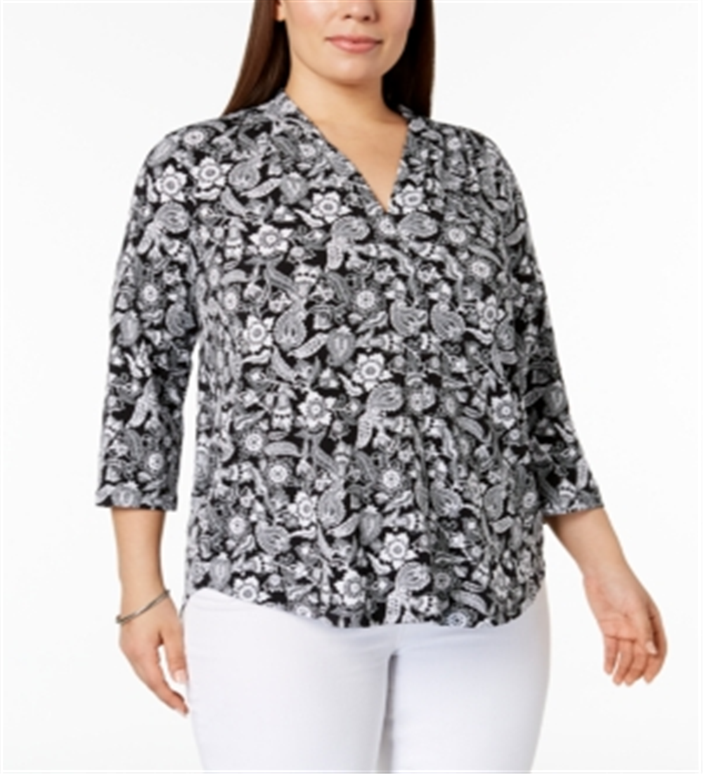 Camiseta feminina plus size estampada com manga 34 e estampa floral paisley preta profunda tamanho 3X