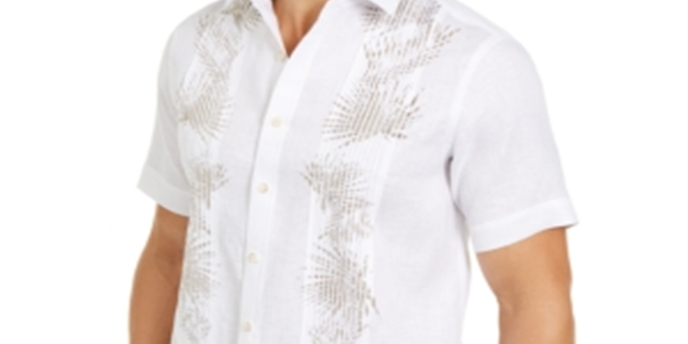 Camisa masculina Tasso Elba com estampa tropical franzida, branca, tamanho médio