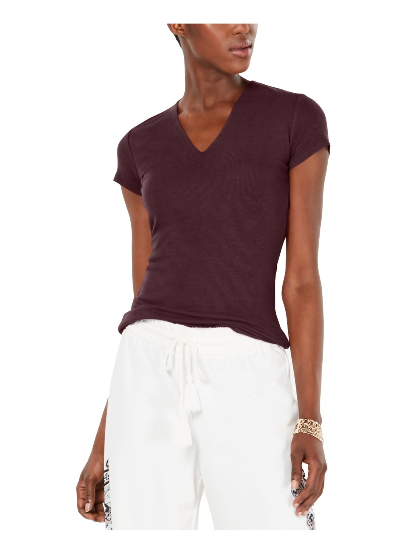 INC Camiseta feminina de manga curta com decote em V, cor vinho, tamanho pequeno