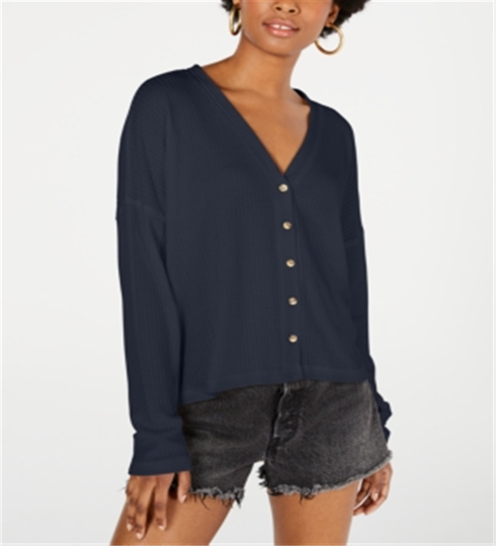 Cardigan de malha waffle com estampa Hacci Card para mulheres, tamanho M, azul, Hippie Rose