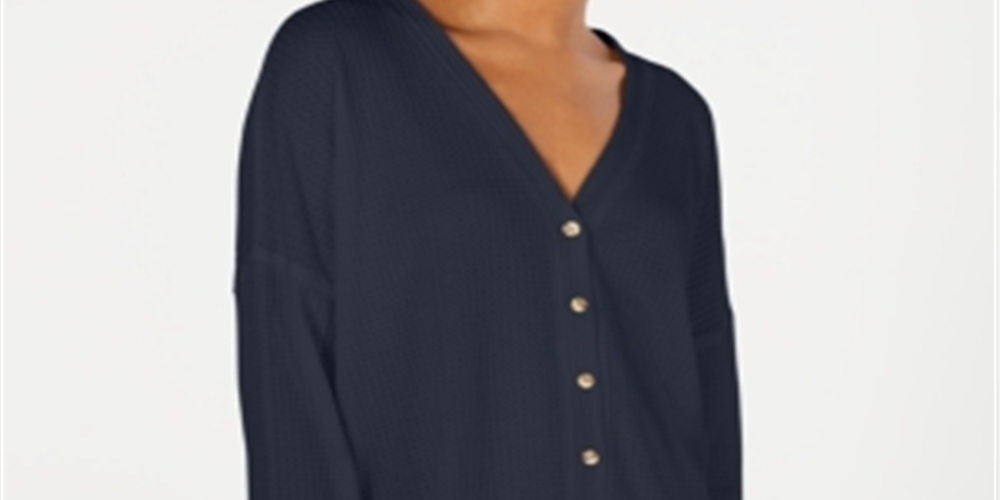 Cardigan de malha waffle com estampa Hacci Card para mulheres, tamanho M, azul, Hippie Rose