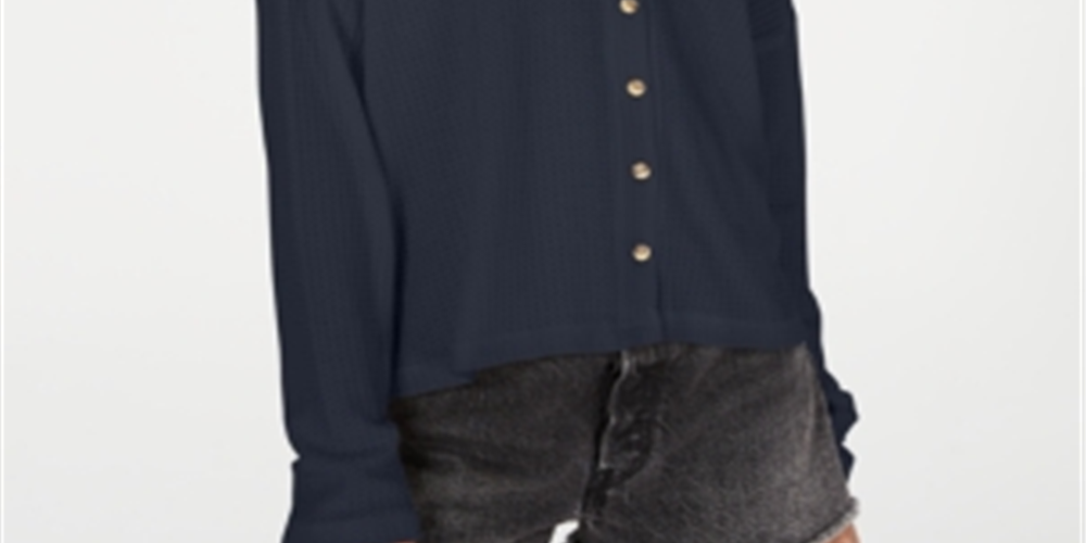 Cardigan de malha waffle com estampa Hacci Card para mulheres, tamanho M, azul, Hippie Rose