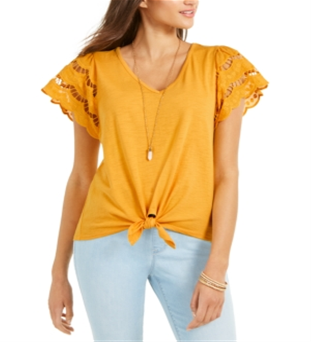 Top feminino com amarração frontal e mangas ilhós estilo &amp; co, amarelo, tamanho GG