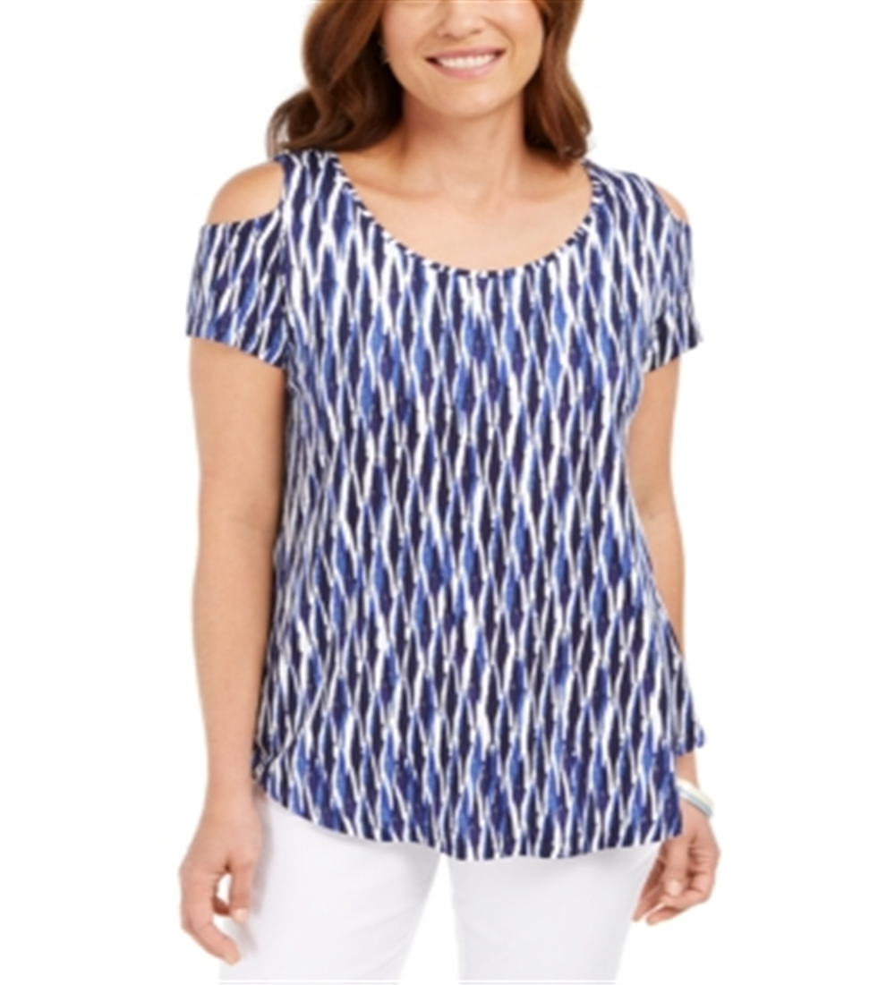 JM Collection Blusa feminina estampada com ombros descobertos, azul, tamanho grande