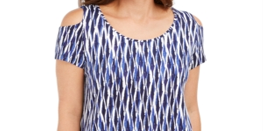JM Collection Blusa feminina estampada com ombros descobertos, azul, tamanho grande