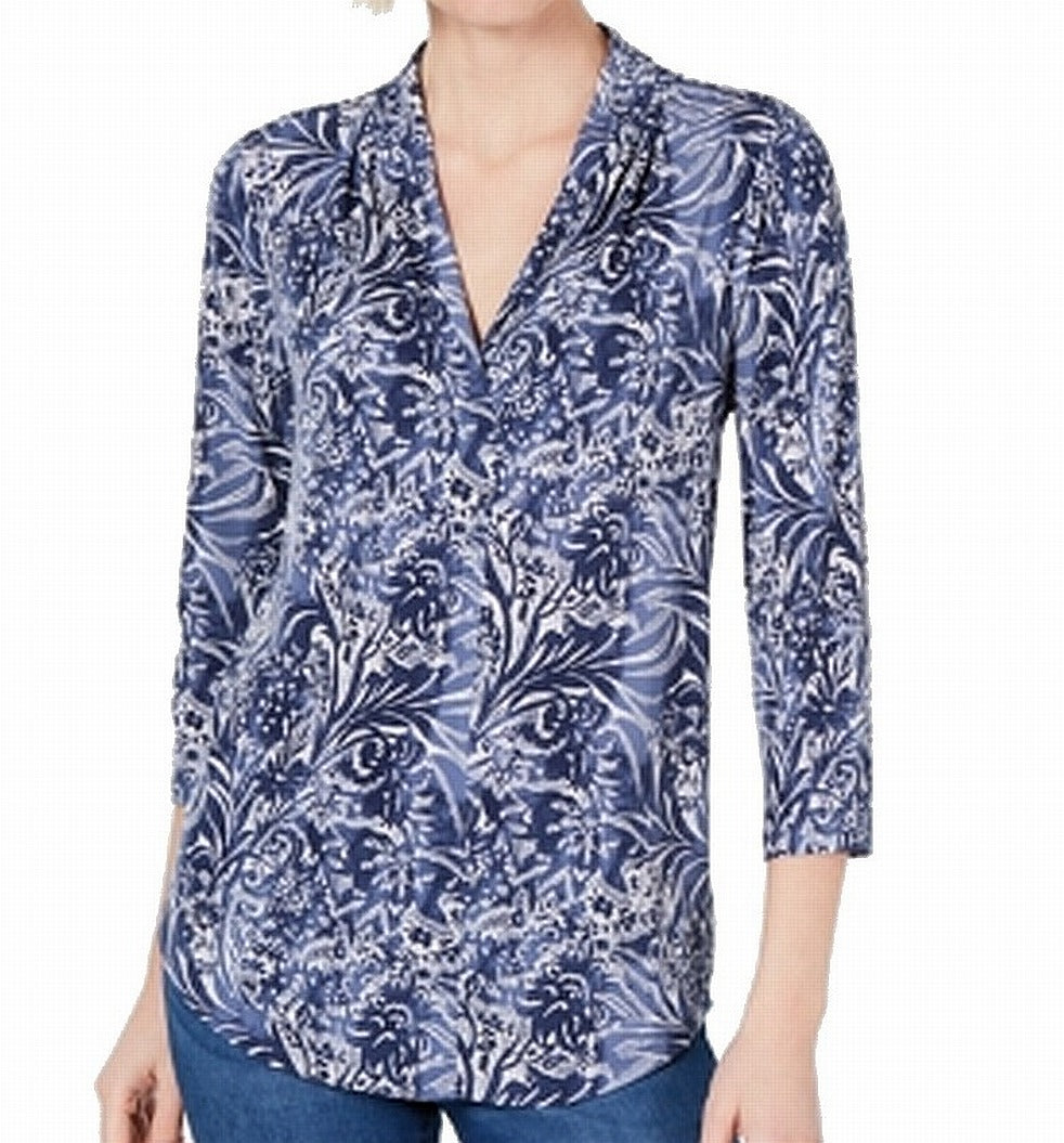 Blusa feminina Charter Club com decote em V e manga 3/4, azul, tamanho pequeno
