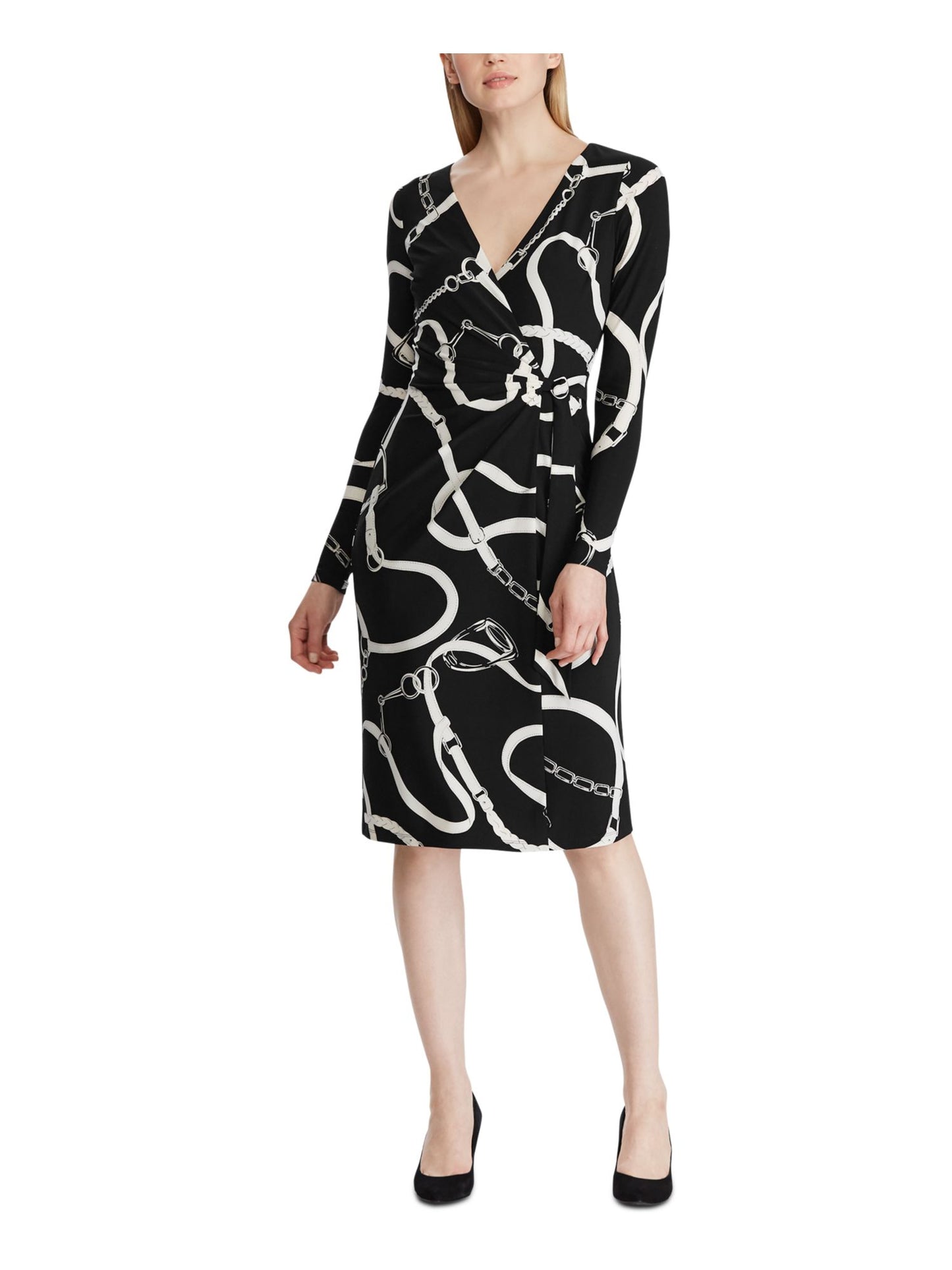 Vestido ralph lauren feminino estampado, manga comprida, decote em V, comprimento até o joelho, preto, tamanho 10 P
