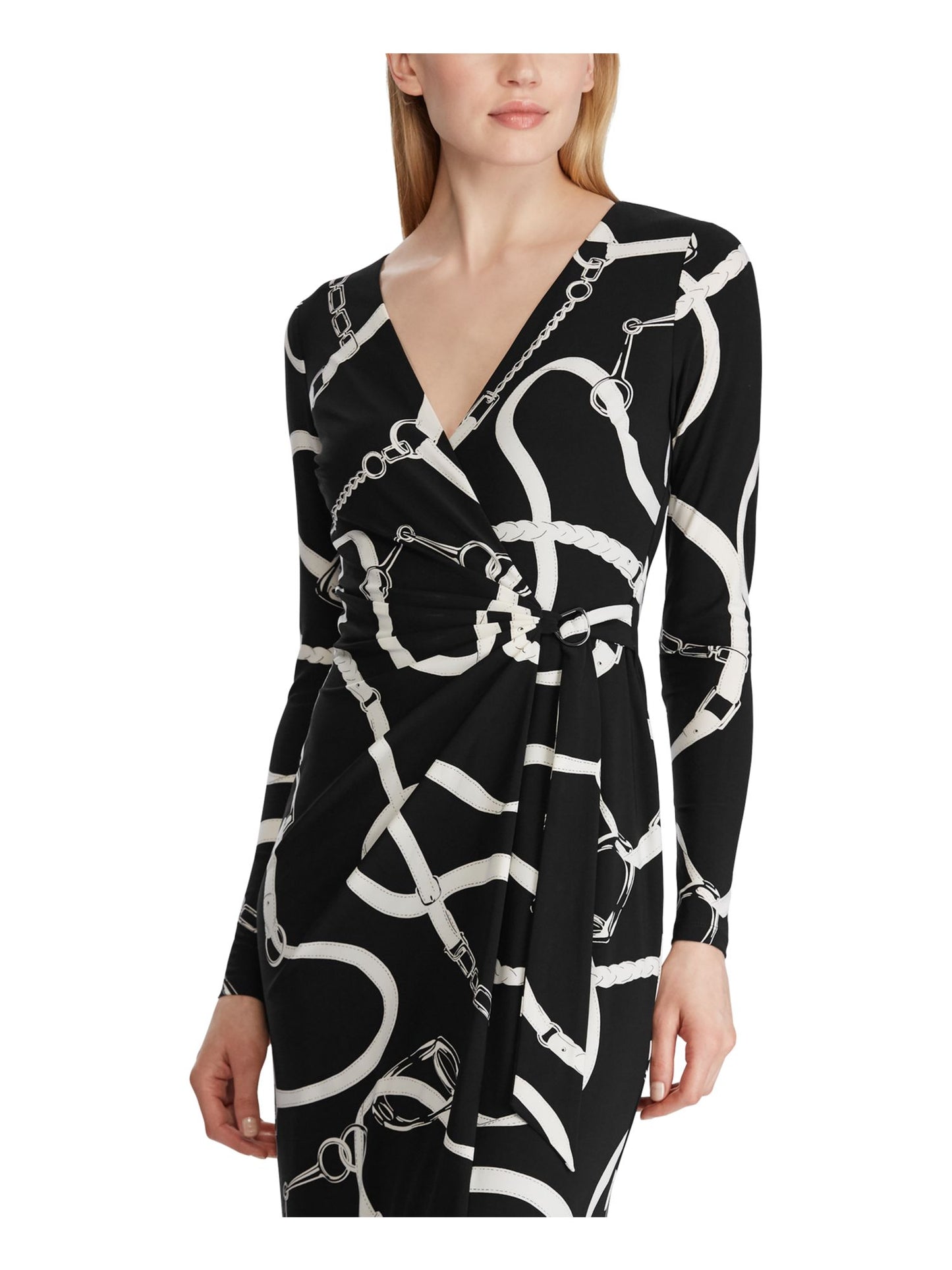 Vestido ralph lauren feminino estampado, manga comprida, decote em V, comprimento até o joelho, preto, tamanho 10 P