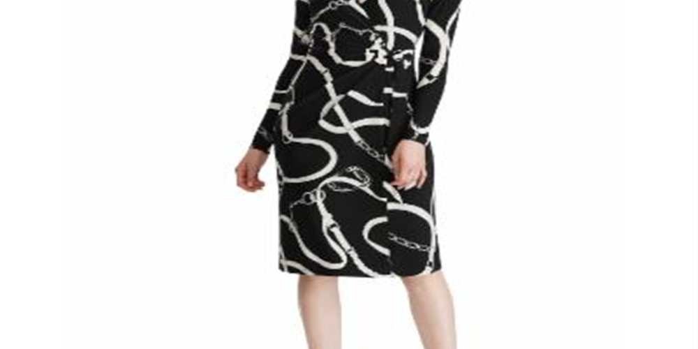 Vestido ralph lauren feminino estampado, manga comprida, decote em V, comprimento até o joelho, preto, tamanho 10 P