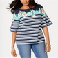 Charter Club Blusa feminina listrada tropical com manga sino, azul, tamanho XS