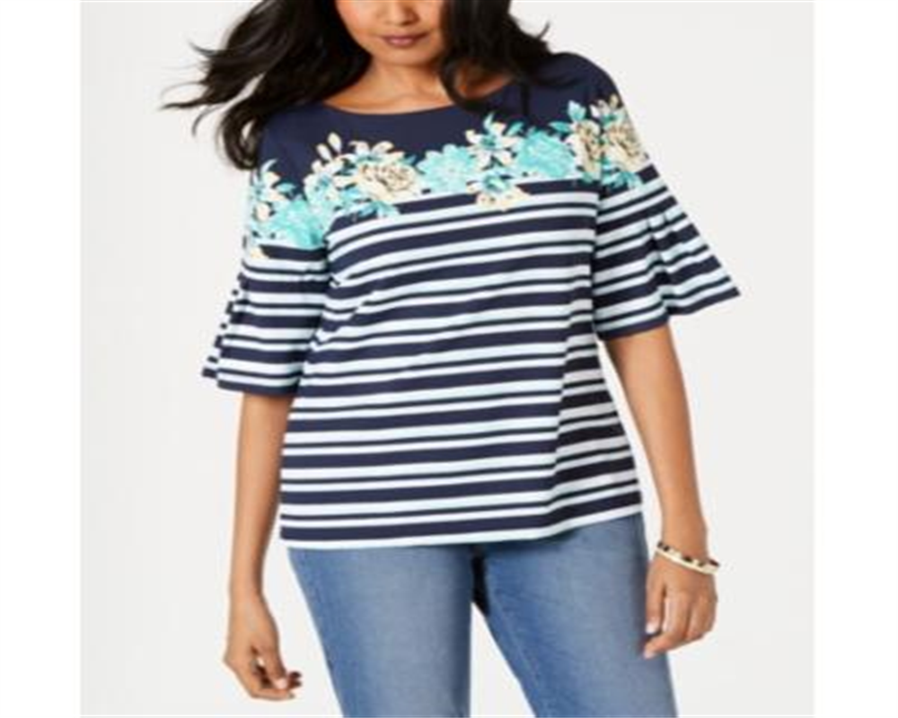 Charter Club Blusa feminina listrada tropical com manga sino, azul, tamanho XS