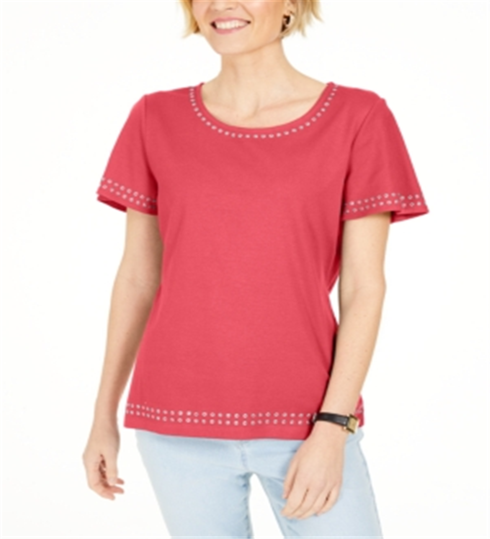 Karen Scott Top de algodão feminino com ilhós e acabamento laranja, tamanho 2XL