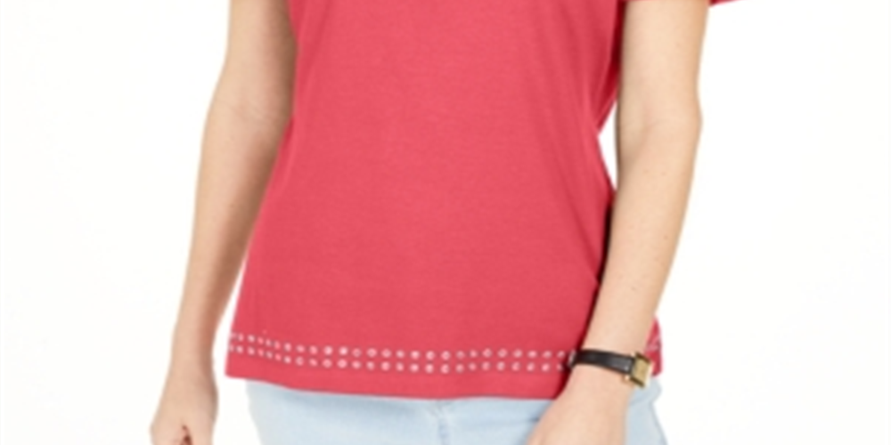 Karen Scott Top de algodão feminino com ilhós e acabamento laranja, tamanho 2XL