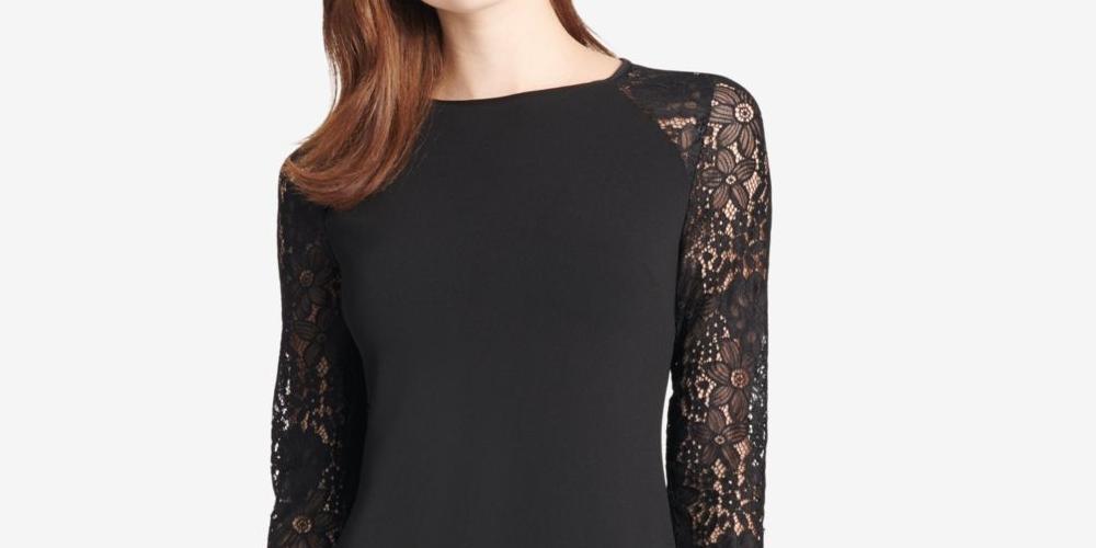 Vestido curto feminino Tommy Hilfiger de renda, manga comprida, gola redonda, preto, tamanho 4 P