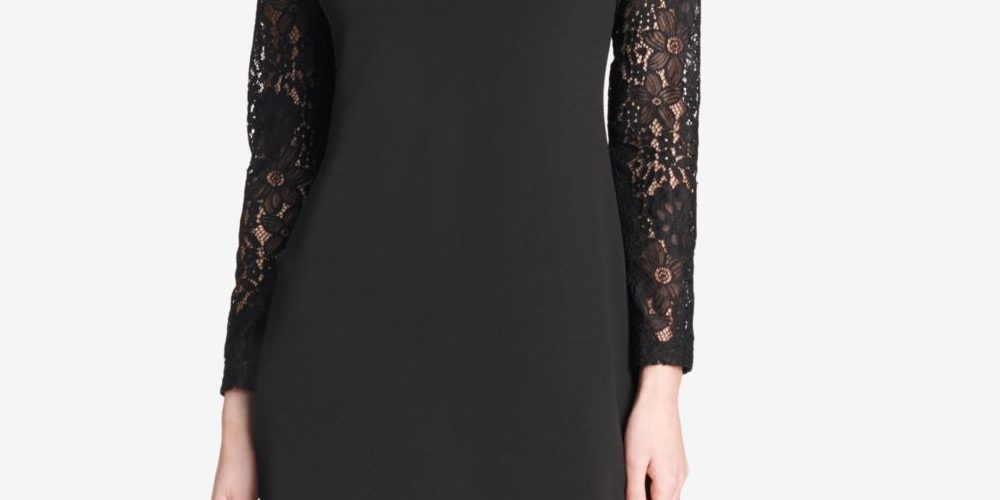 Vestido curto feminino Tommy Hilfiger de renda, manga comprida, gola redonda, preto, tamanho 4 P