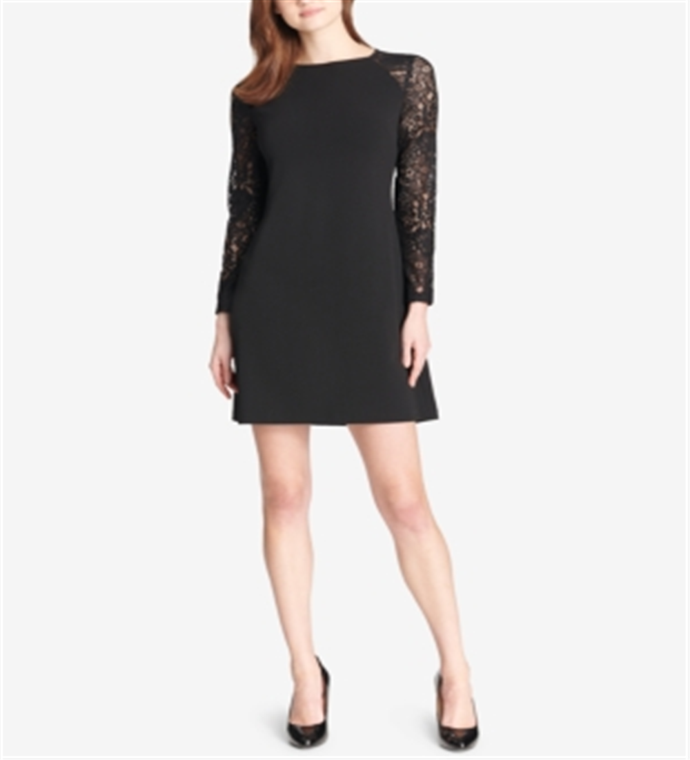 Vestido curto feminino Tommy Hilfiger de renda, manga comprida, gola redonda, preto, tamanho 4 P