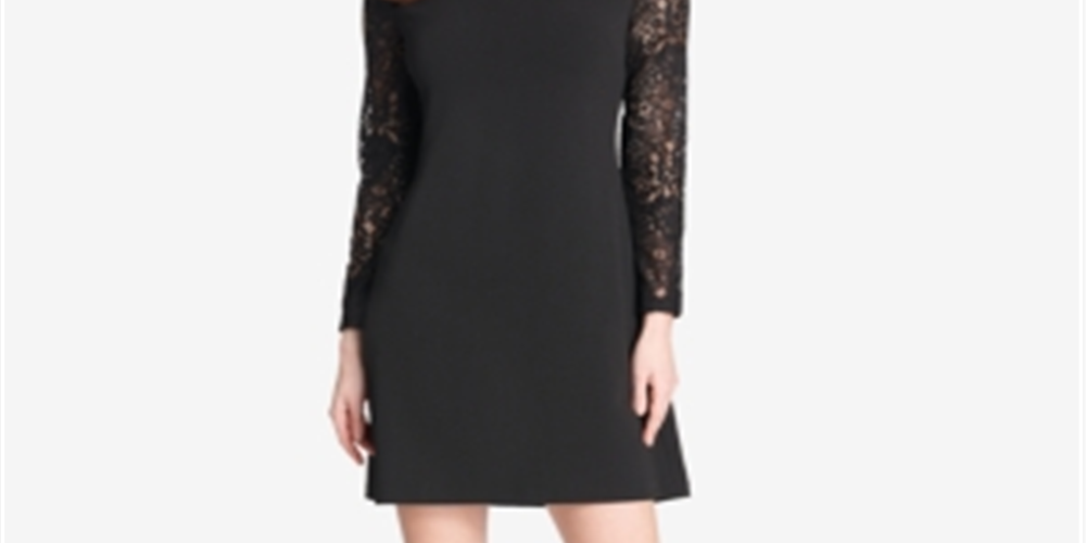 Vestido curto feminino Tommy Hilfiger de renda, manga comprida, gola redonda, preto, tamanho 4 P