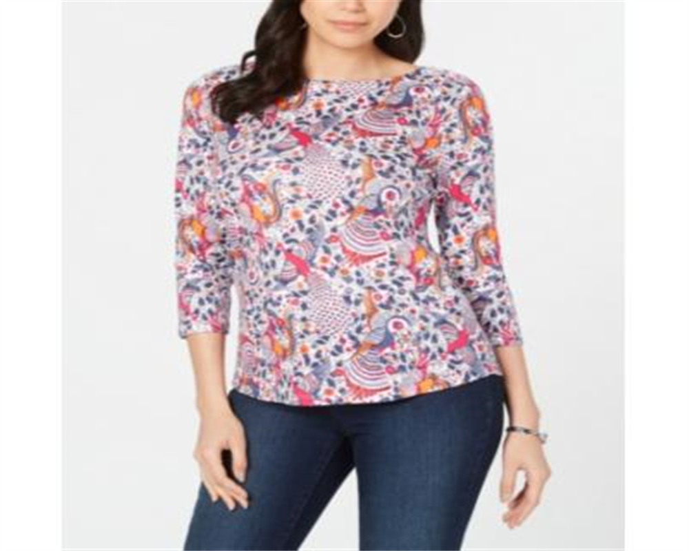 Charter Club Top feminino estampado em algodão, tamanho pequeno, branco brilhante, tamanho combinado, pequeno M