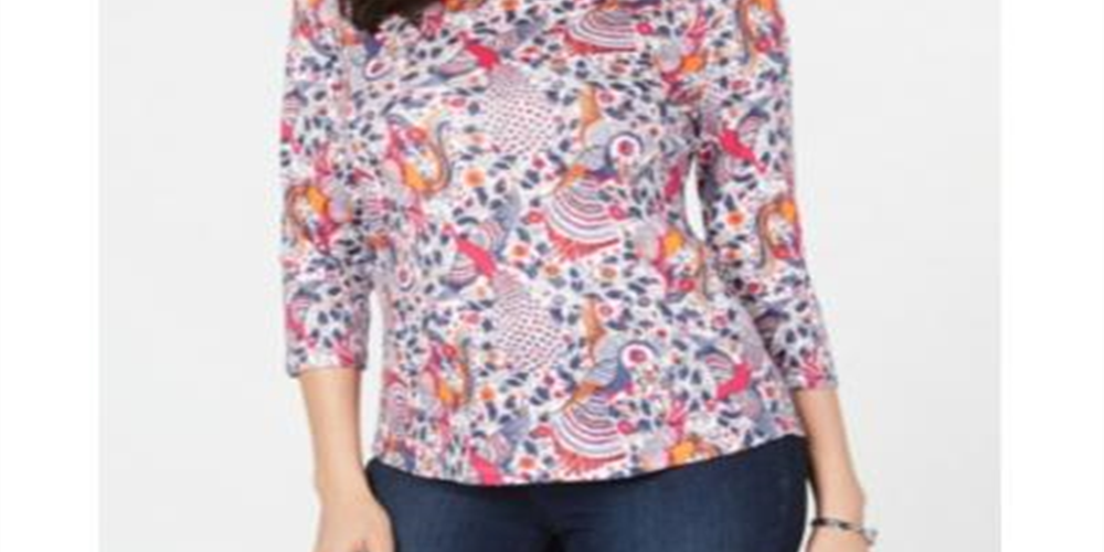 Charter Club Top feminino estampado em algodão, tamanho pequeno, branco brilhante, tamanho combinado, pequeno M