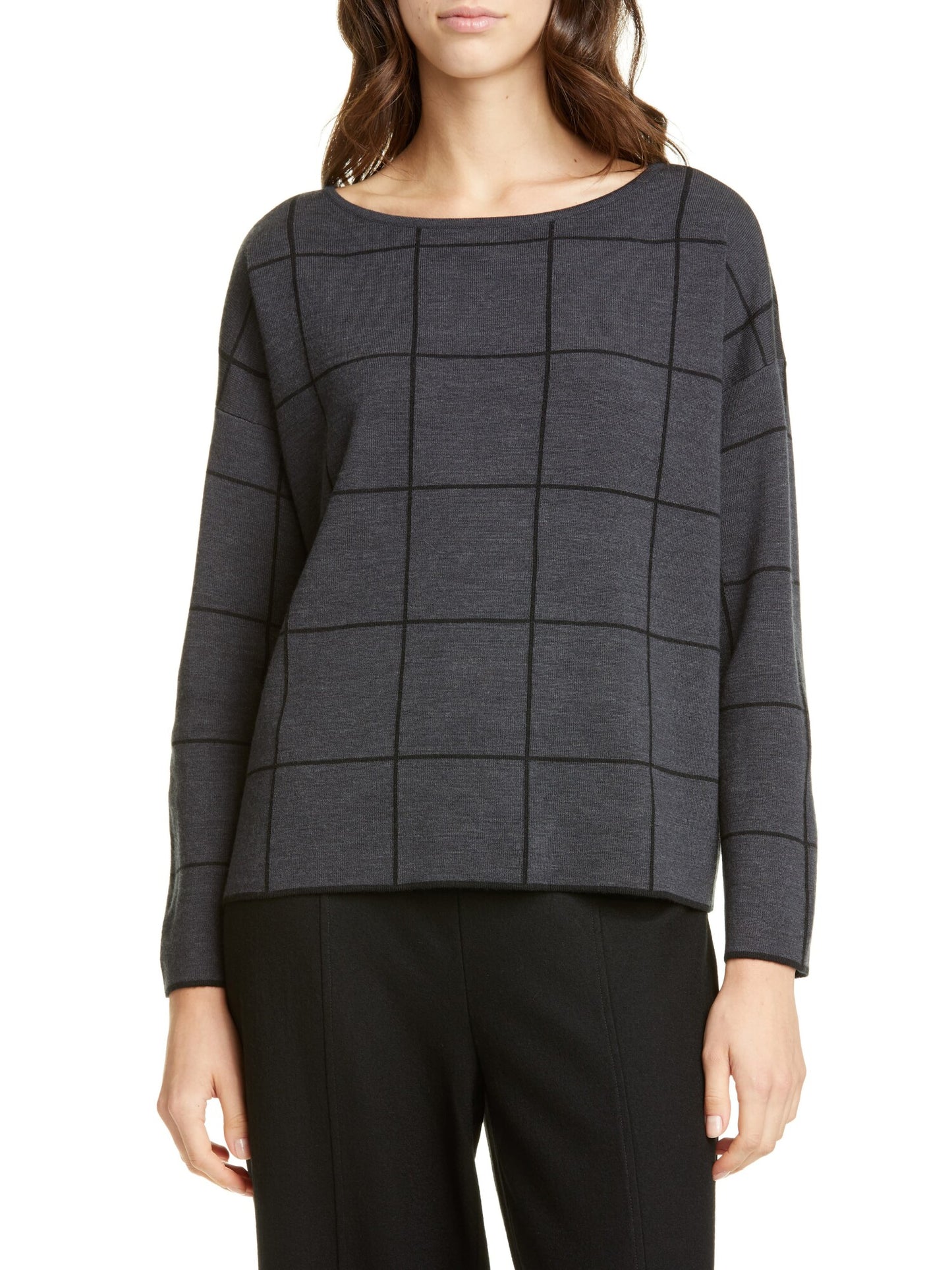 Eileen Fisher Feminino Petites Box Top Lã Decote Bateau Preto Carvão - Tamanho Pequeno Grande