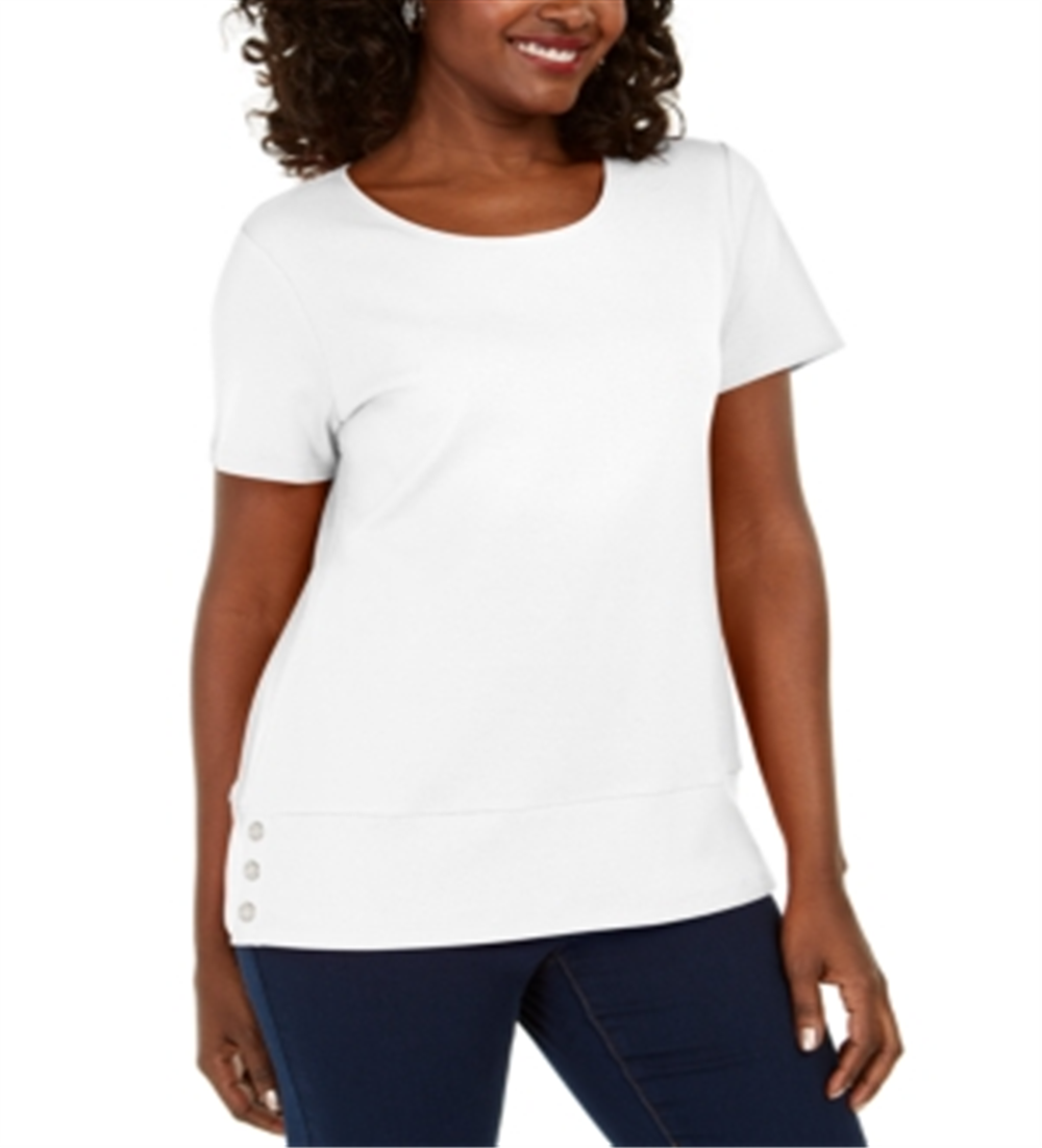 Blusa de algodão com decote redondo e bainha abotoada Karen Scott feminina - Branco brilhante, tamanho XS
