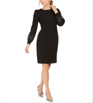 Vestido Calvin Klein Feminino Bainha Ombros Bufantes Enfeitado Preto Tamanho 10