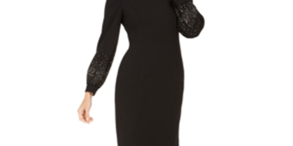 Vestido Calvin Klein Feminino Bainha Ombros Bufantes Enfeitado Preto Tamanho 10