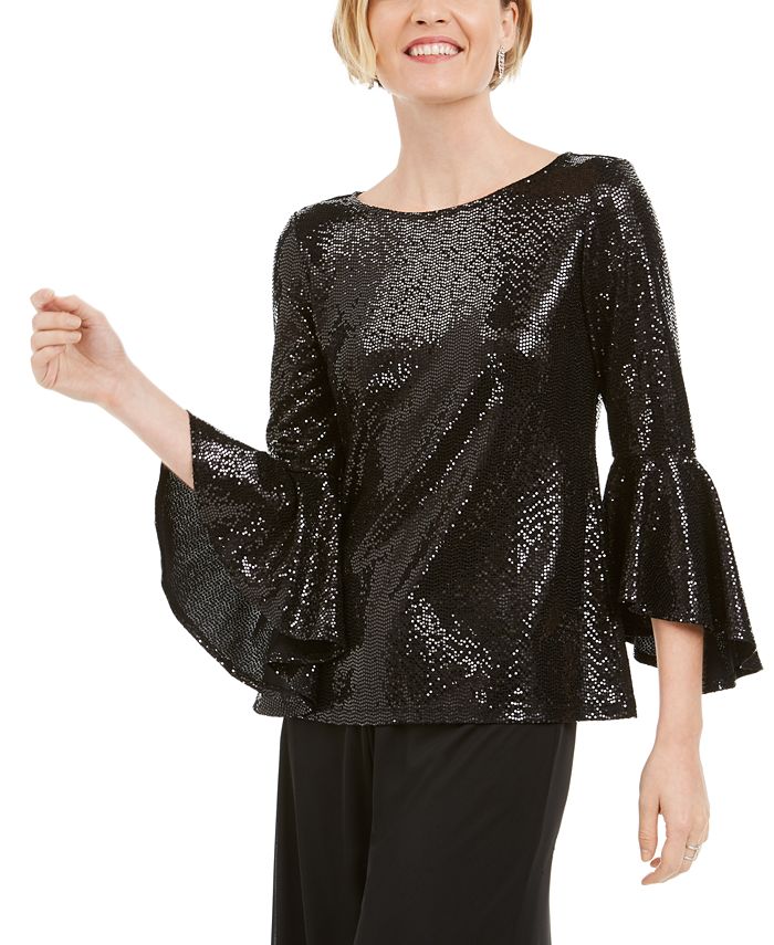 Blusa feminina MSK com manga sino e lantejoulas, preta, tamanho pequeno médio