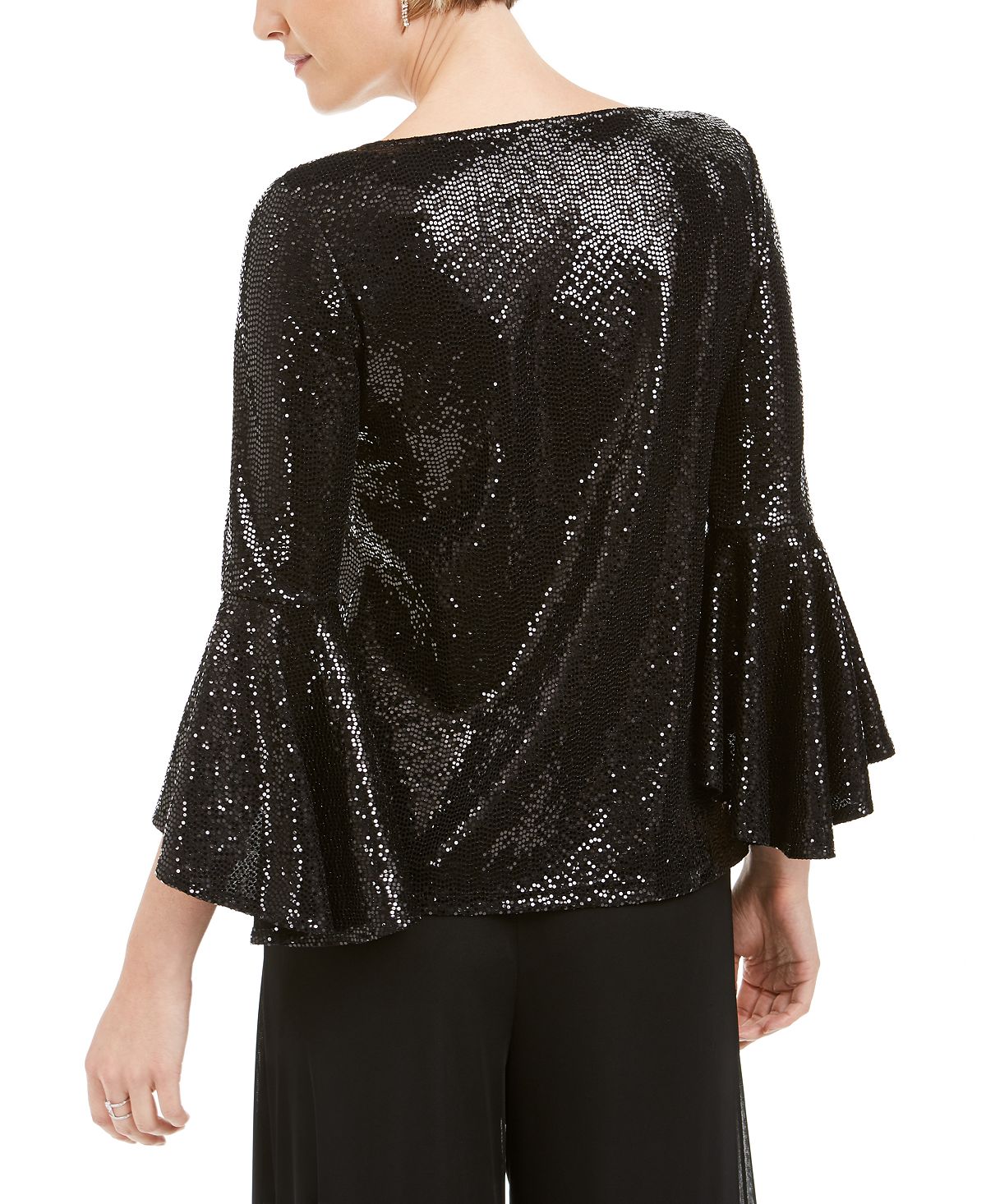 Blusa feminina MSK com manga sino e lantejoulas, preta, tamanho pequeno médio