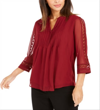 Charter Club feminino, blusa curta com manga transparente e pregas, vermelho, tamanho pequeno G