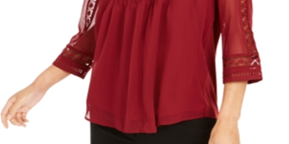 Charter Club feminino, blusa curta com manga transparente e pregas, vermelho, tamanho pequeno G