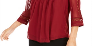 Charter Club feminino, blusa curta com manga transparente e pregas, vermelho, tamanho pequeno G